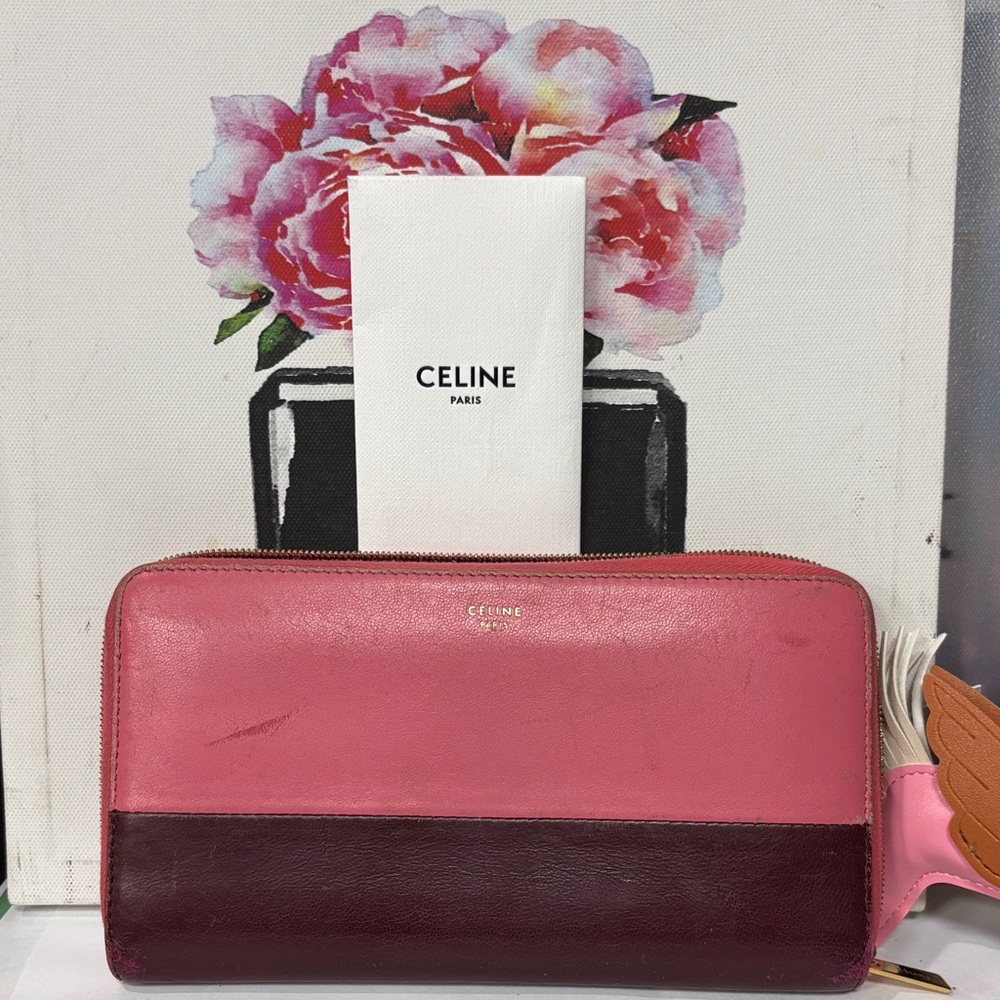 Celine Pink and Burgundy Leather Zip Wallet